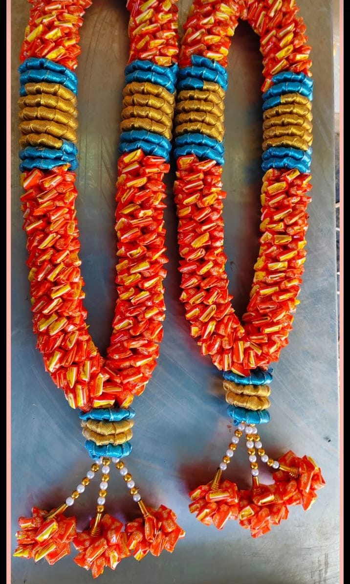 Pair of Orange Candy Garlands with Blue & Gold Accents
